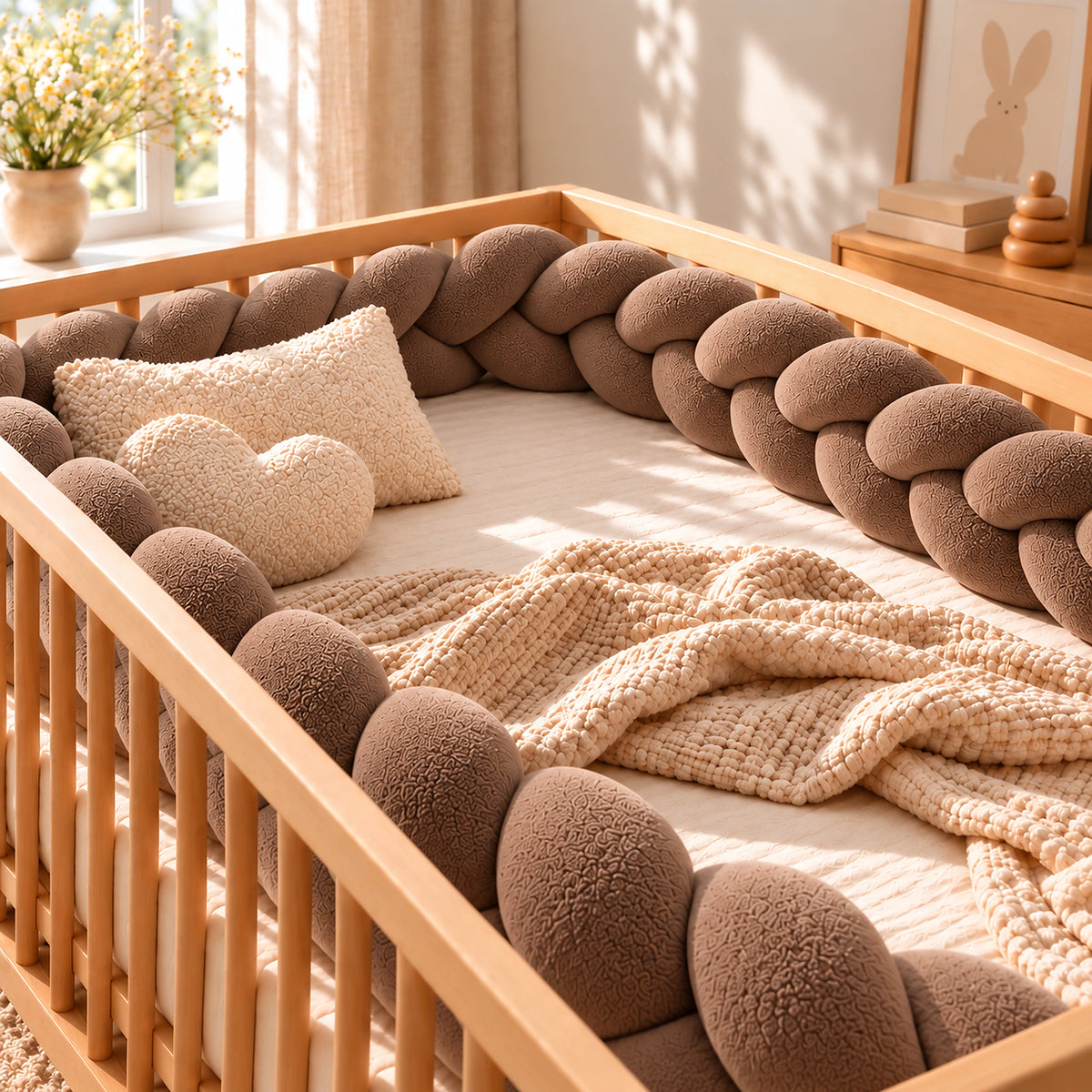 Tour de lit bébé tressé Caramel, installé dans un lit bébé en bois