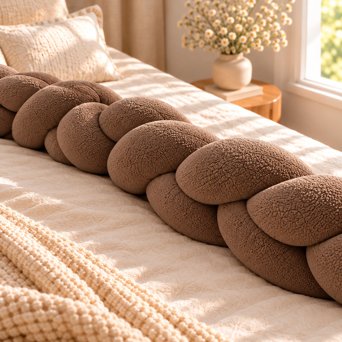 Tour de lit bébé tressé Caramel, déplié sur un lit