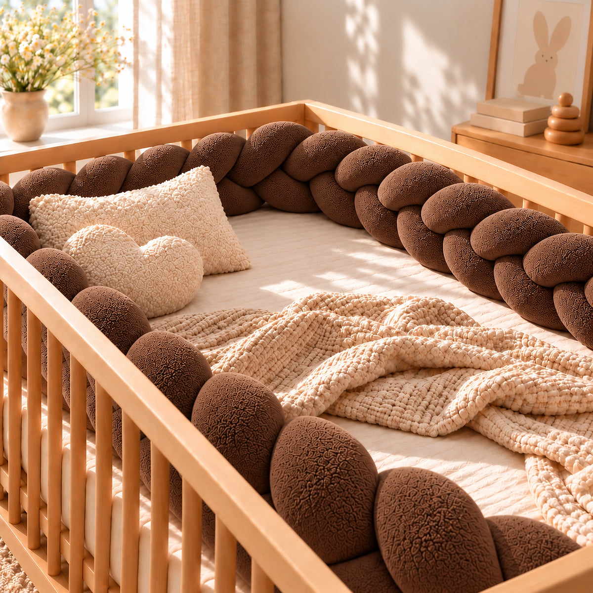 Tour de lit bébé tressé Marron, installé dans un lit bébé en bois