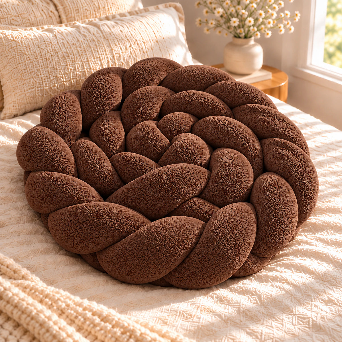 Tour de lit bébé tressé Marron, enroulé en spirale sur un lit