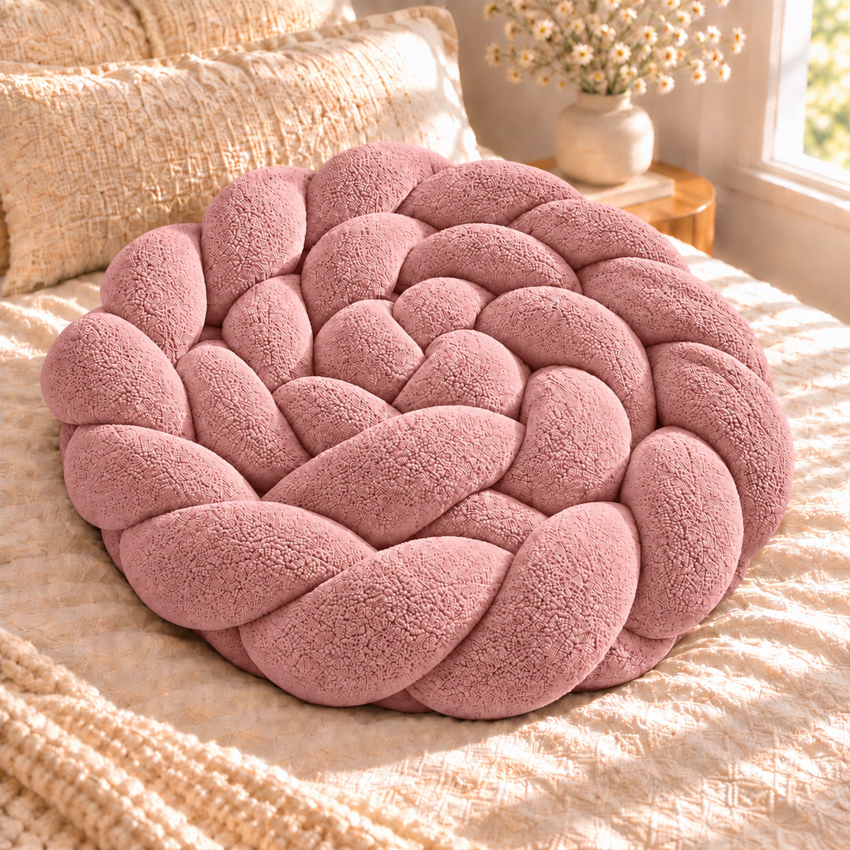 Tour de lit bébé tressé Rose, enroulé en spirale sur un lit
