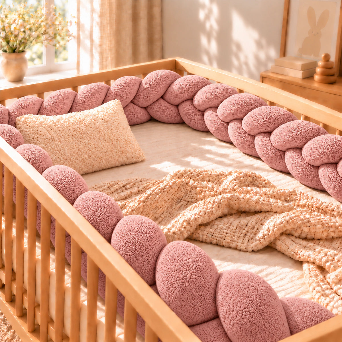 Tour de lit bébé tressé Rose, installé dans un lit bébé en bois