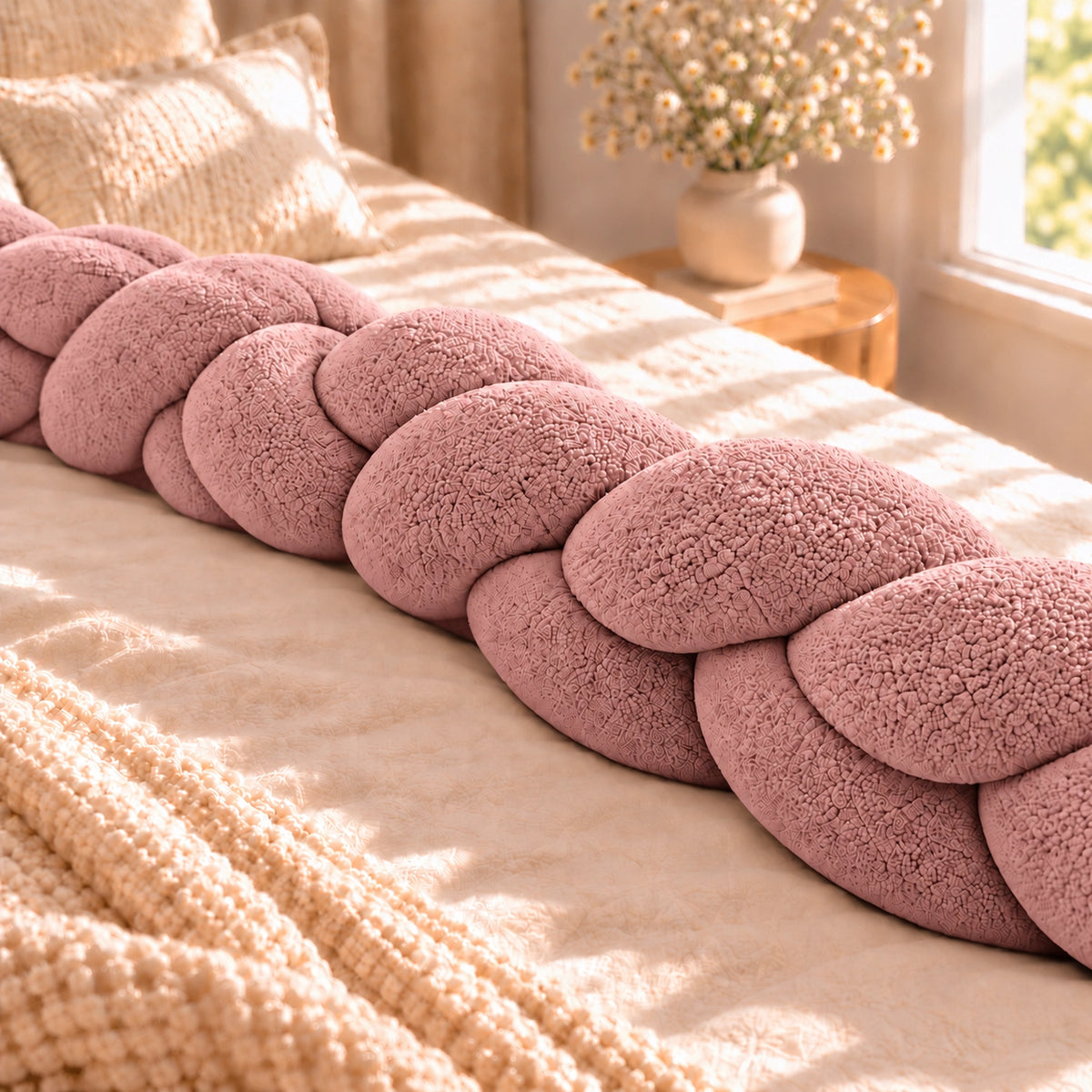 Tour de lit bébé tressé Rose, déplié sur un lit
