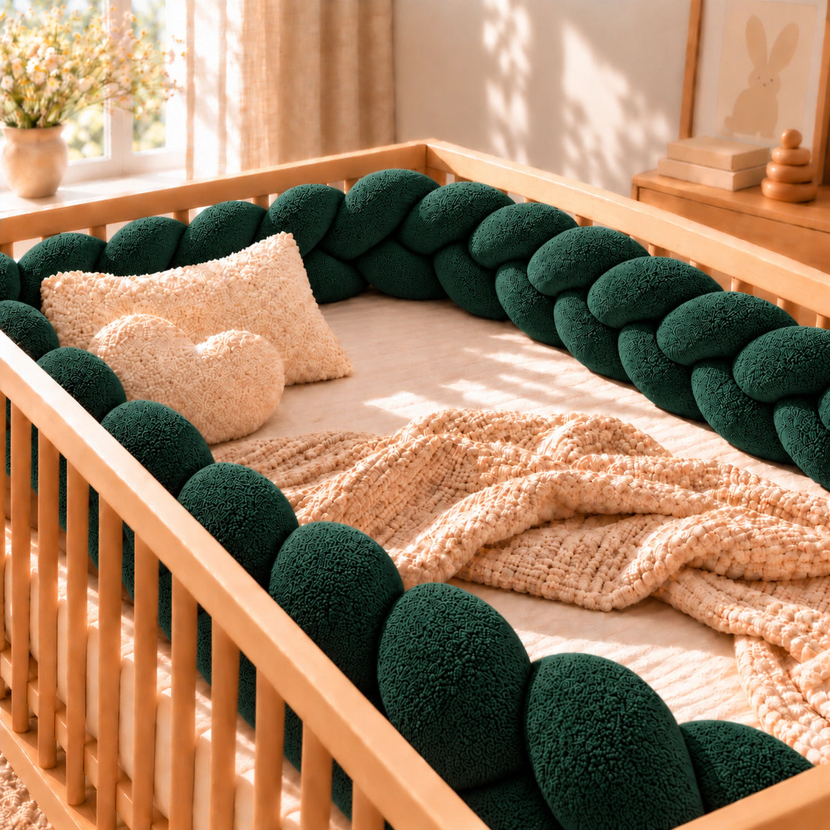 Tour de lit bébé tressé, coloris Vert sapin, installé dans un lit bébé en bois