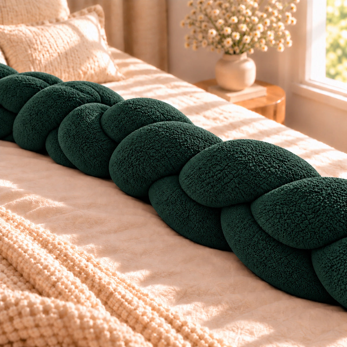 Tour de lit bébé tressé, coloris Vert sapin, déplié sur un lit