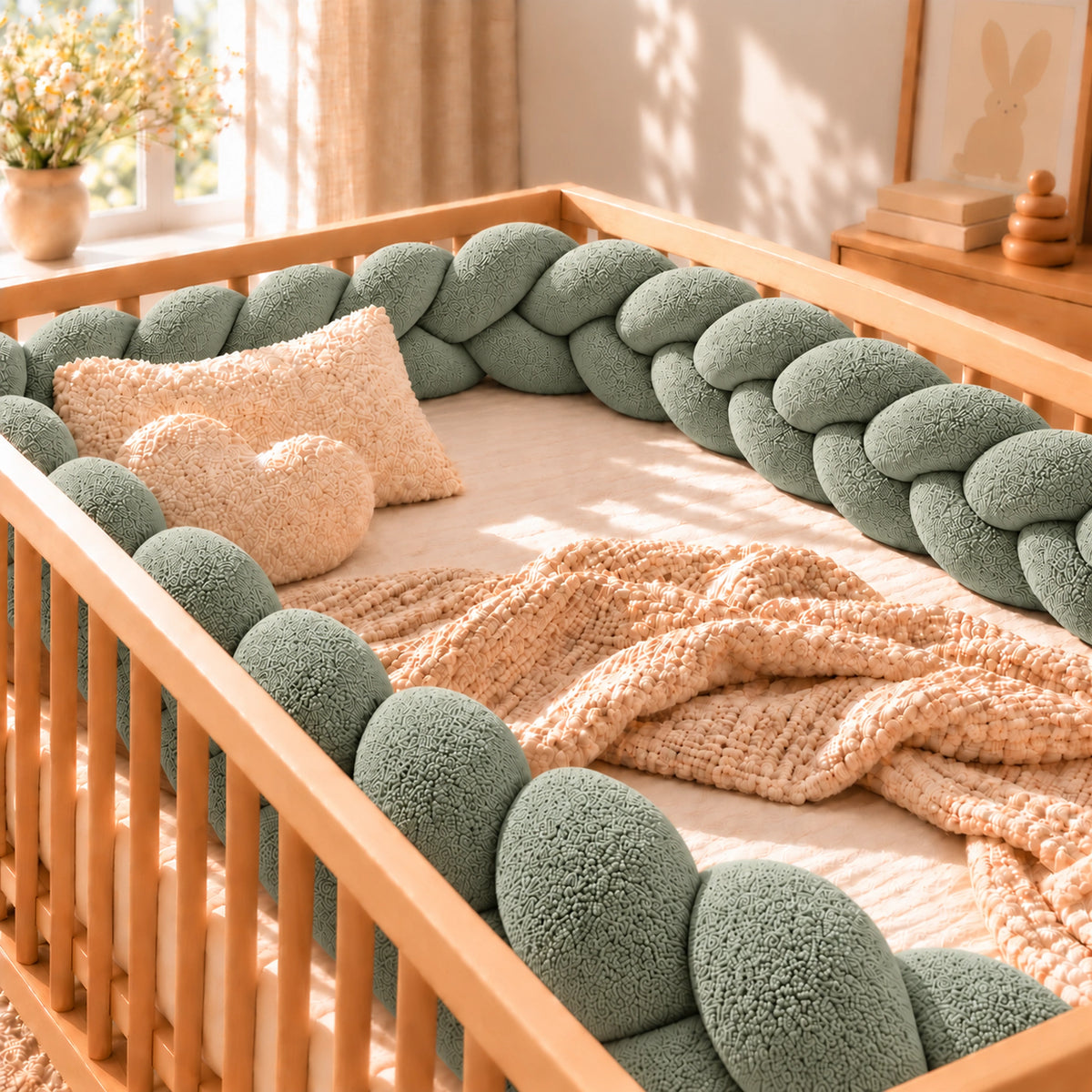 Tour de lit bébé tressé, coloris Vert sauge, installé dans un lit bébé en bois