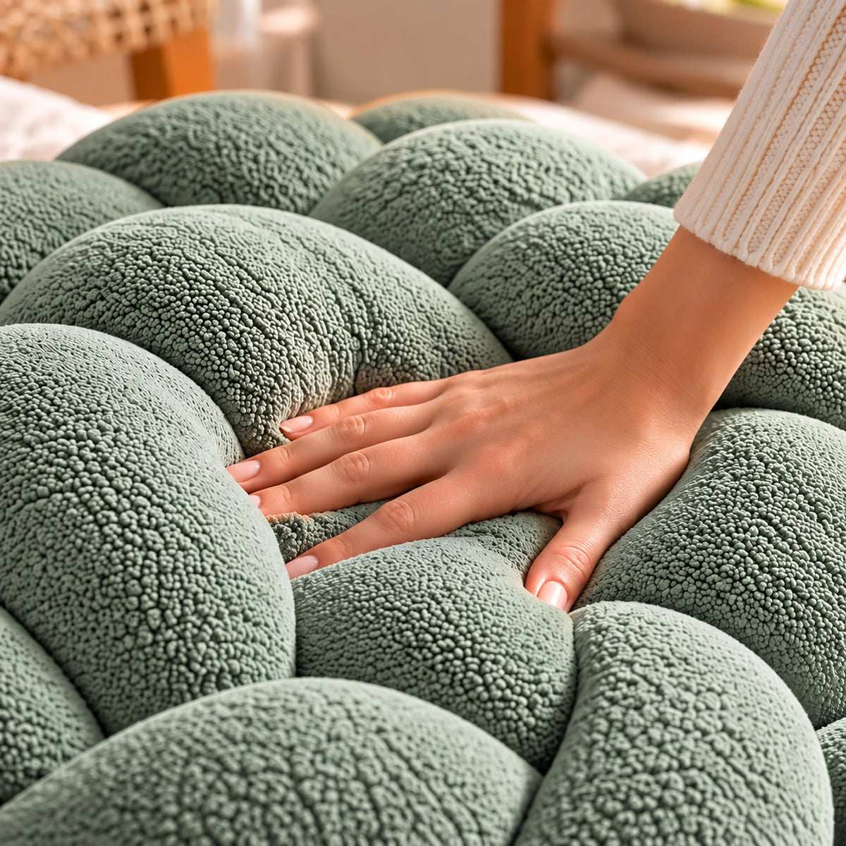 Tour de lit bébé tressé, coloris Vert sauge, main pressant la tresse pour montrer le moelleux