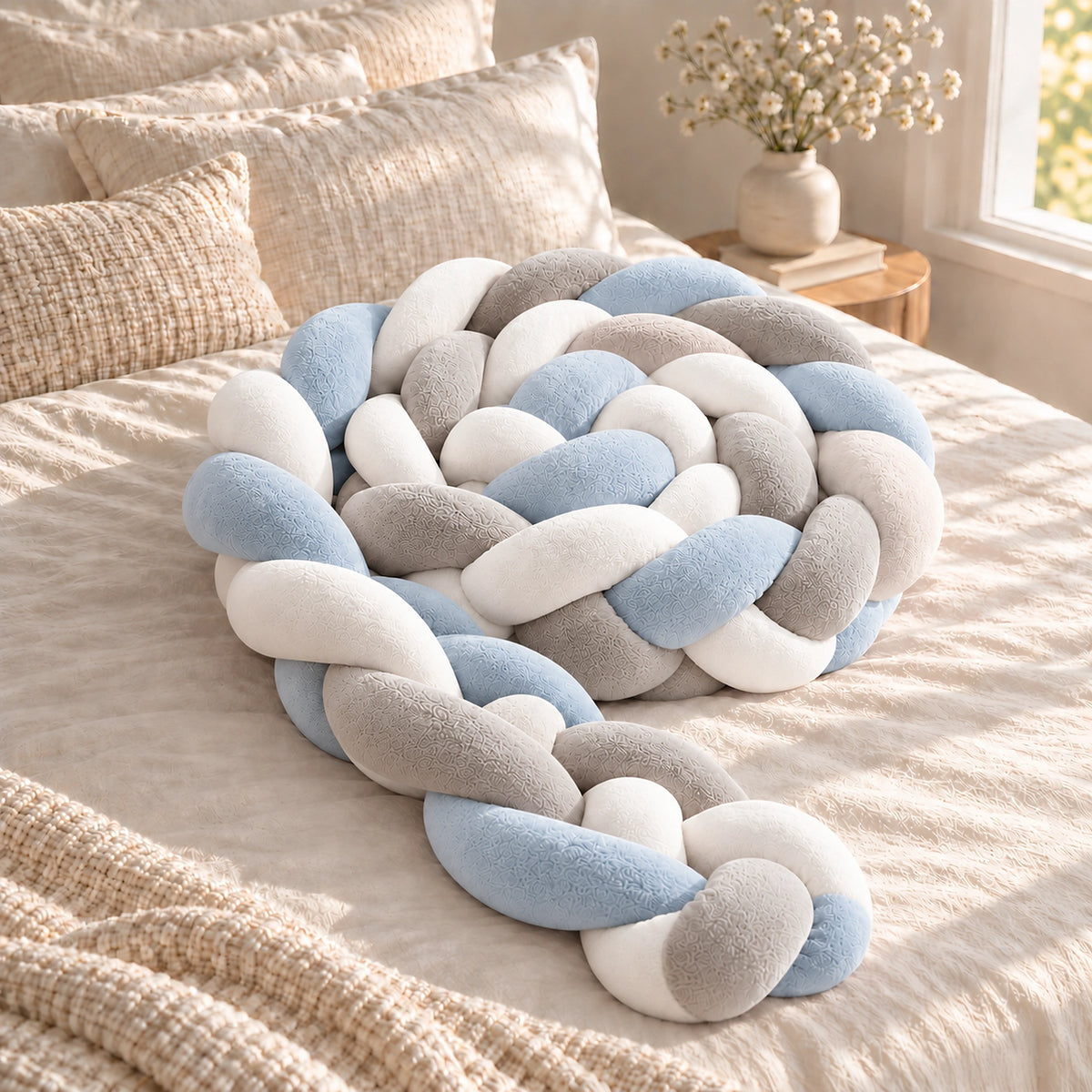 Tour de lit bébé tressé gris, bleu ciel et blanc — vue produit 1