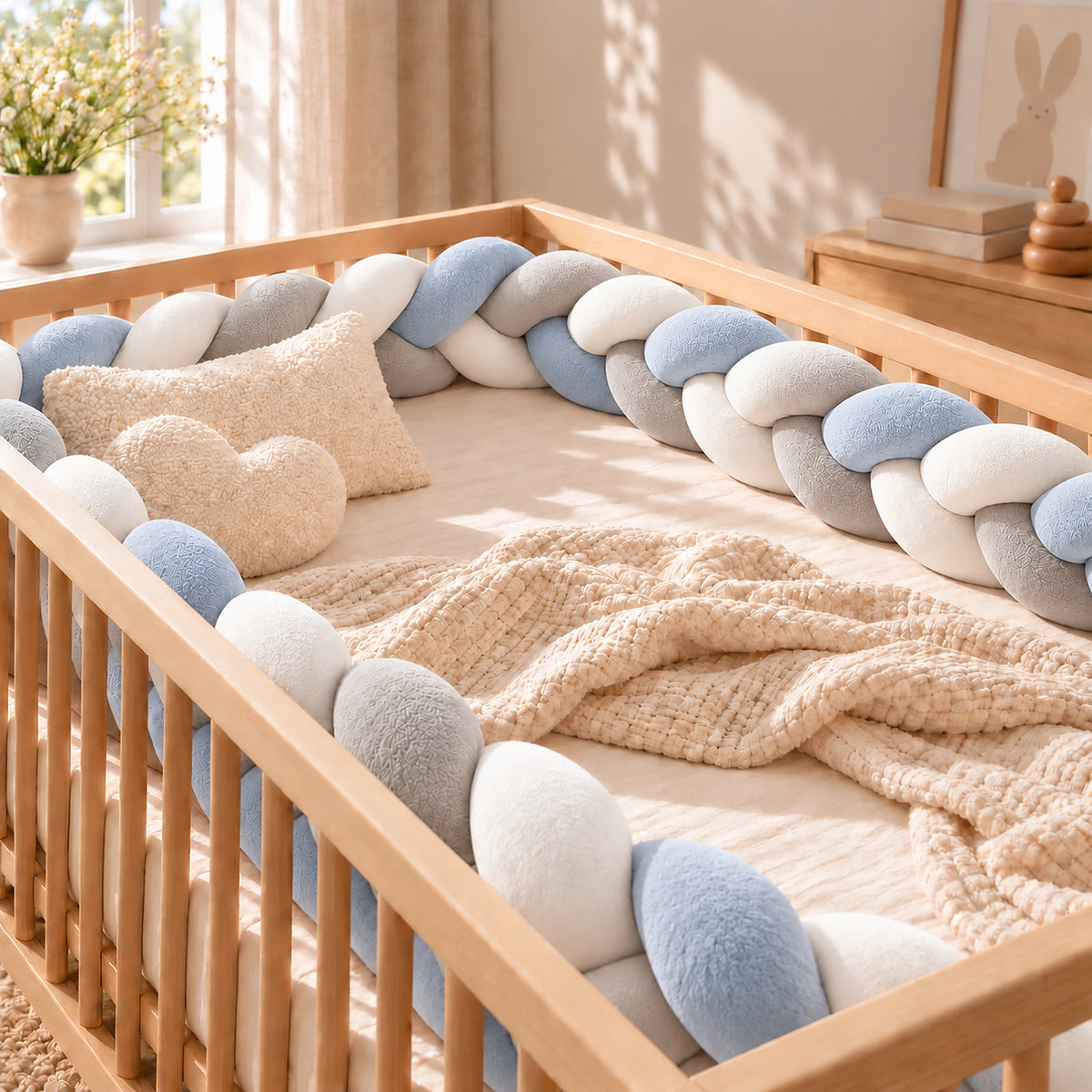 Tour de lit bébé tressé gris, bleu ciel et blanc — vue produit 3