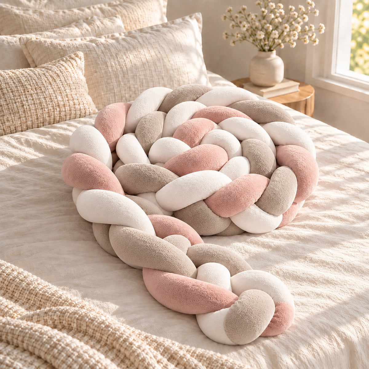 Tour de lit bébé tressé rose, blanc et taupe — vue produit 1