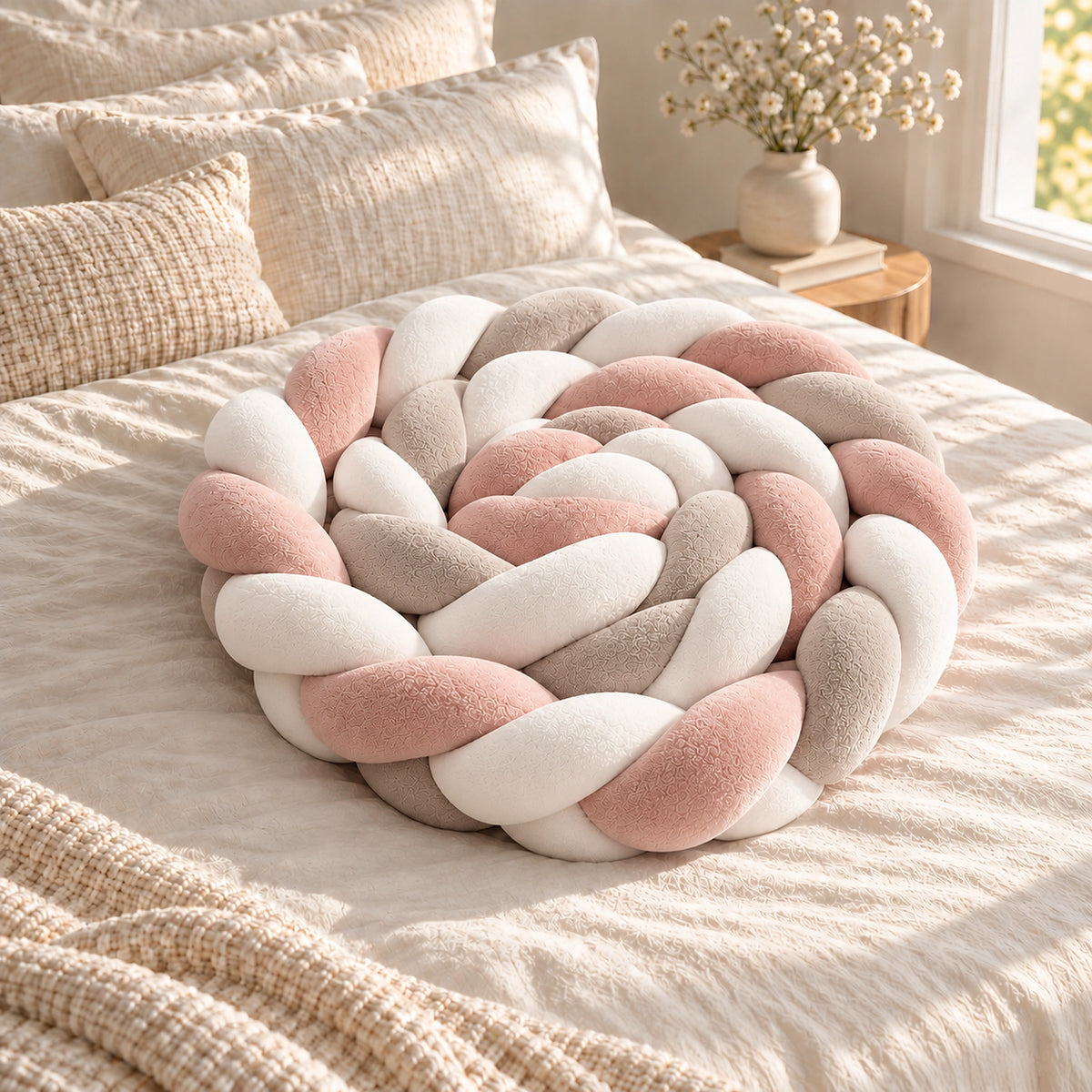 Tour de lit bébé tressé rose, blanc et taupe — vue produit 2
