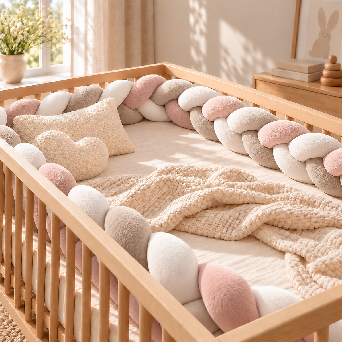 Tour de lit bébé tressé rose, blanc et taupe — vue produit 3
