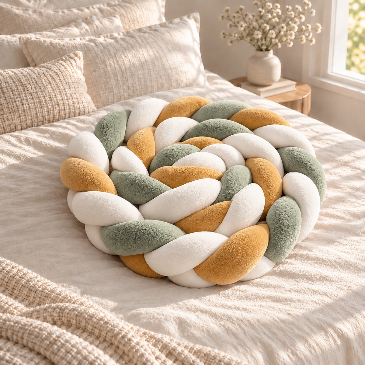 Tour de lit bébé tressé vert, ocre et blanc — vue produit 1