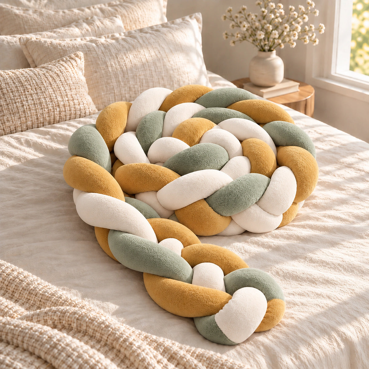 Tour de lit bébé tressé vert, ocre et blanc — vue produit 2