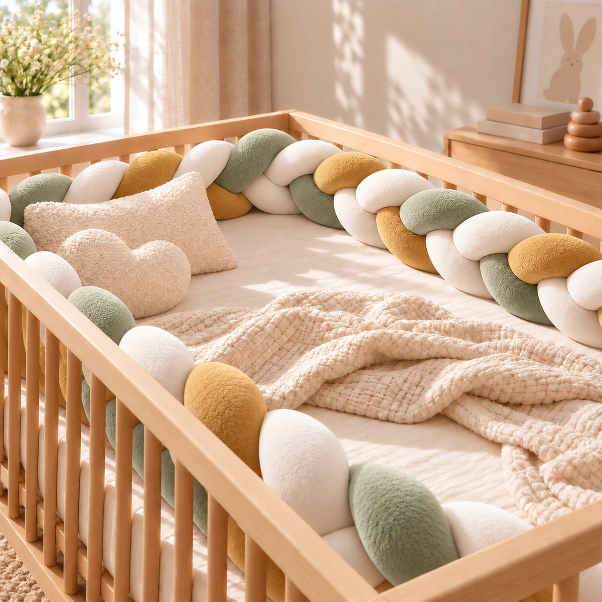 Tour de lit bébé tressé vert, ocre et blanc — vue produit 3
